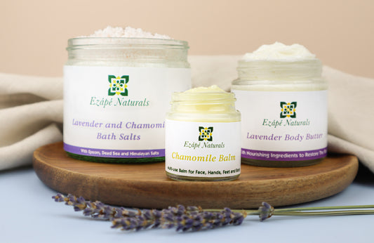Lavender and chamomile bath salts, chamomile balm and lavender body butter